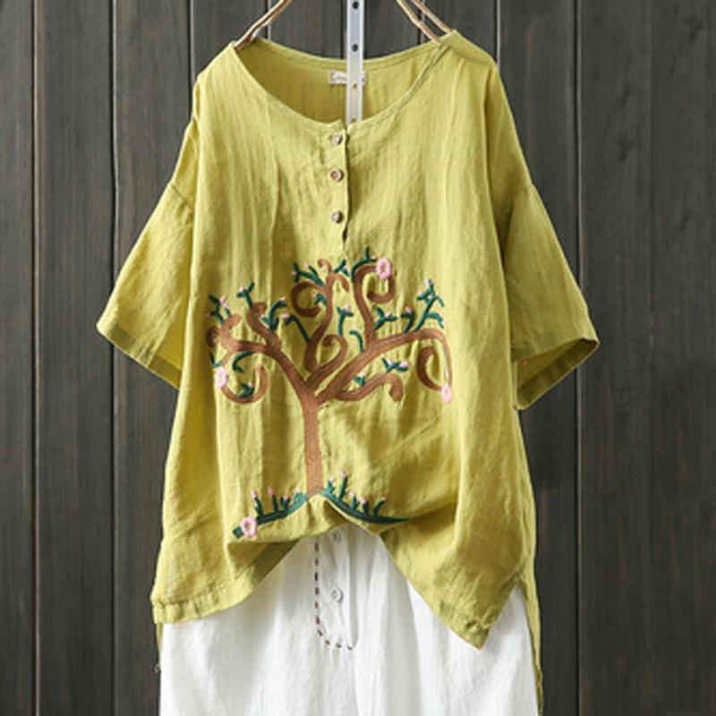 Babakud Embroidered Button Front High Low Linen Blouse 2019 Jun New One Size Yellow 