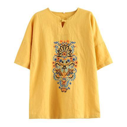 Babakud Embroidery Vintage Casual Loose Linen T-Shirt
