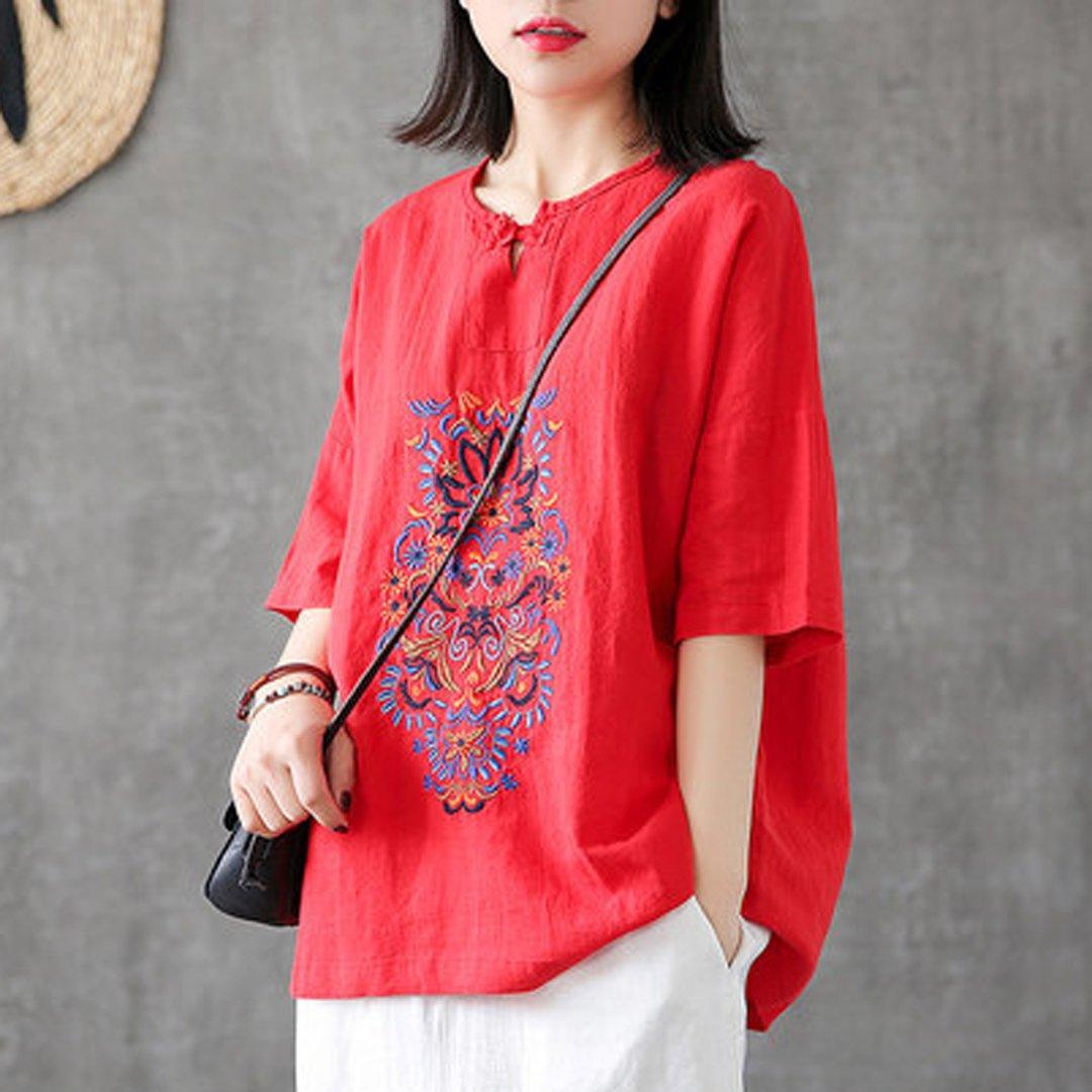 Babakud Embroidery Vintage Casual Loose Linen T-Shirt 2019 Jun New One Size Red 