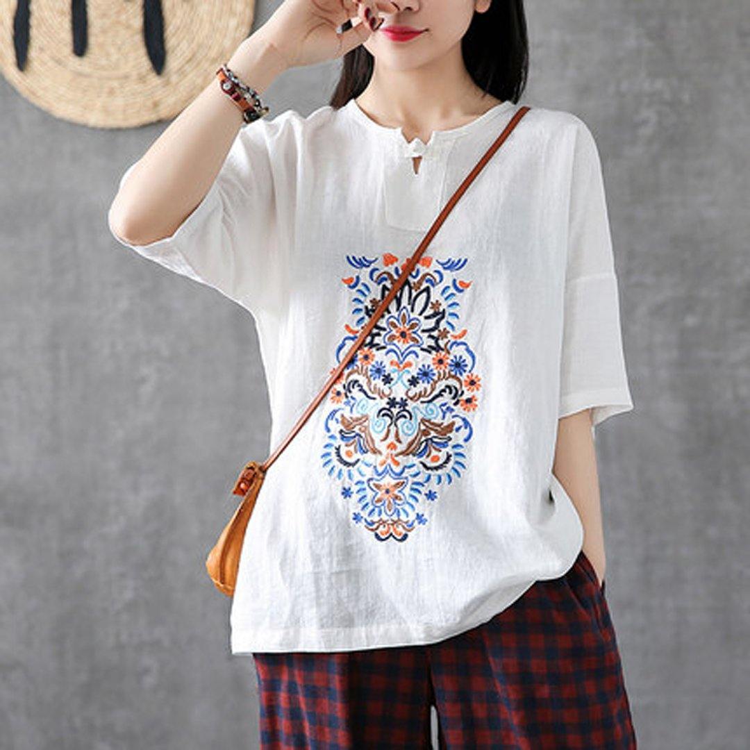Babakud Embroidery Vintage Casual Loose Linen T-Shirt 2019 Jun New One Size White 