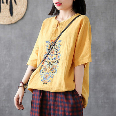 Babakud Embroidery Vintage Casual Loose Linen T-Shirt 2019 Jun New One Size Yellow 
