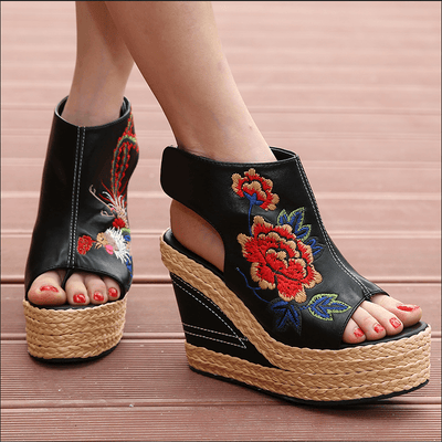 Babakud Ethnic Eembroidered Leather Women's Wedge High Heels Sandals 2019 July New 34 Black A 