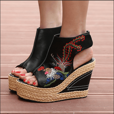 Babakud Ethnic Eembroidered Leather Women's Wedge High Heels Sandals 2019 July New 34 Black B 