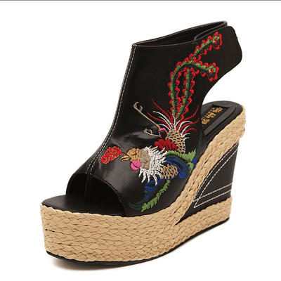 Babakud Ethnic Eembroidered Leather Women's Wedge High Heels Sandals 2019 July New 