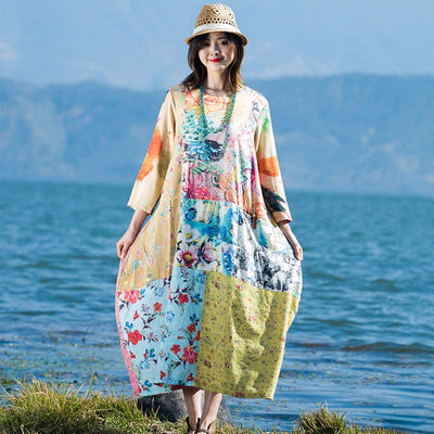 BABAKUD Flower Paneled Loose Casual Linen Long Sleeve Dress 2019 August New M As The Picture 
