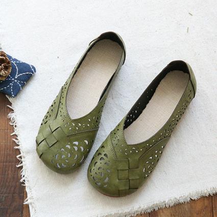 Babakud Hollow Out Plait Linen Insole Leather Flats Casual Shoes 2019 July New 35 Green 