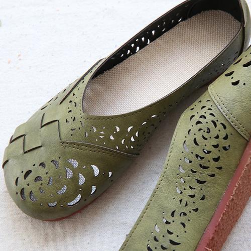 Babakud Hollow Out Plait Linen Insole Leather Flats Casual Shoes