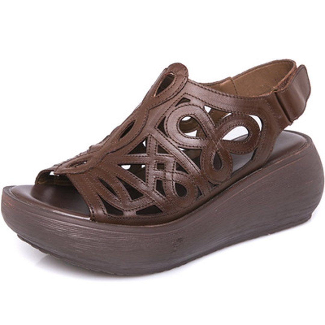 Babakud Hollow Out Sewing Casual Leather Wegde Sandals