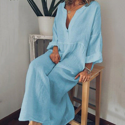 BABAKUD Hot V-Neck Print Long Bohemian Loose Linen Large Size Dress L-5XL 2019 August New L Blue 