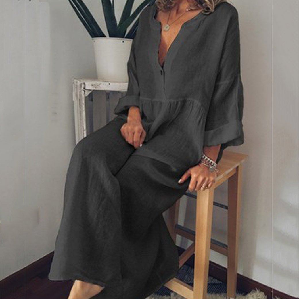 BABAKUD Hot V-Neck Print Long Bohemian Loose Linen Large Size Dress L-5XL 2019 August New L Deep Gray 