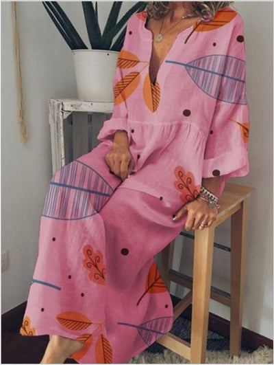 BABAKUD Hot V-Neck Print Long Bohemian Loose Linen Large Size Dress L-5XL 2019 August New L Pink 