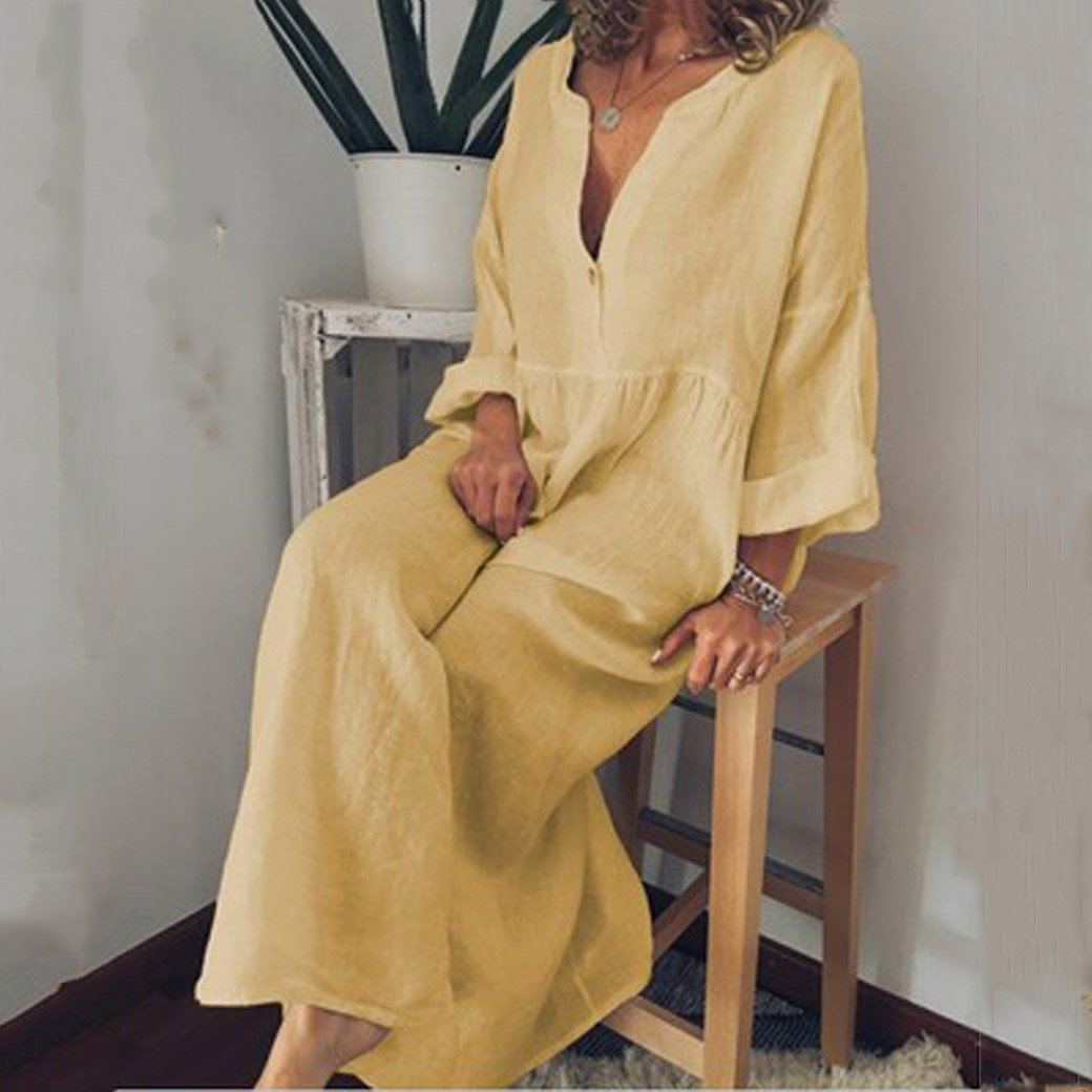 BABAKUD Hot V-Neck Print Long Bohemian Loose Linen Large Size Dress L-5XL 2019 August New L Yellow 