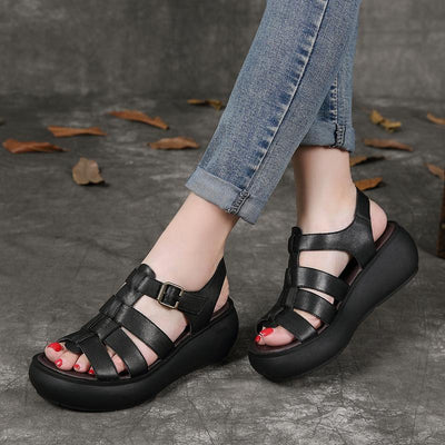 Babakud Leather Handmade Platform Summer Rome Buckle Sandals 2019 July New 34 Black 