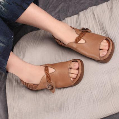 Babakud Leather Peep Toe Flats Gathered Belt Sandals