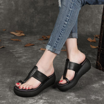 Babakud Leather Platform Retro Leisure Comfortable Slippers 2019 July New 34 Black 