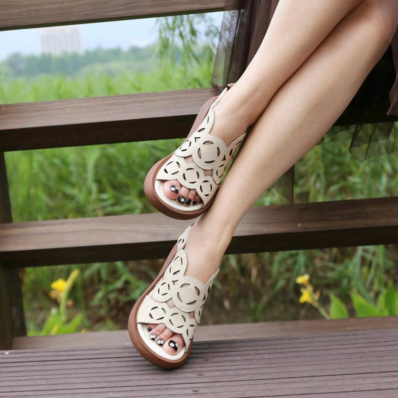 Babakud Leather Retro Hollow Thick Bottom Platform Women's Sandals 2019 July New 35 Beige 