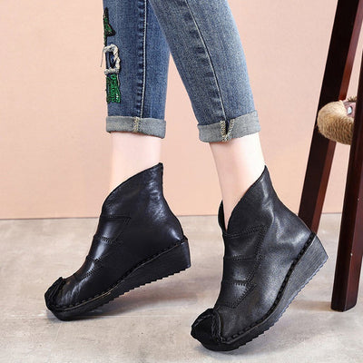 BABAKUD Leather Soft Bottom Boots Women's Retro Handmade Wedge Boots 2019 October New 35 Black 
