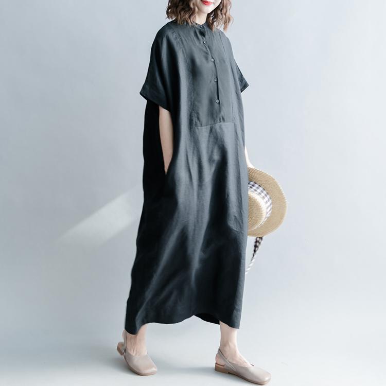 Babakud Linen Casual Loose Solid Button Front Dress With Pocket