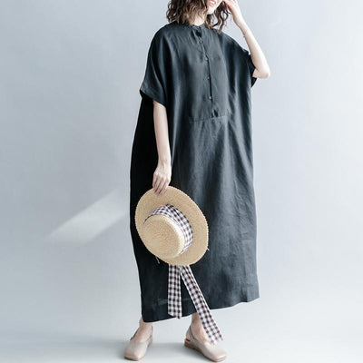 Babakud Linen Casual Loose Solid Button Front Dress With Pocket