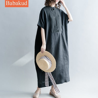 Babakud Linen Casual Loose Solid Button Front Dress With Pocket 2019 July New One Size Black 