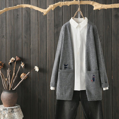 BABAKUD Loose Casual Embroidery Knitted Cardigan Coat 2019 August New XXL Gray 