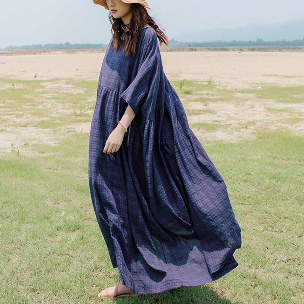 BABAKUD Loose Robes Maxi Plaid Cotton Linen Dress Women