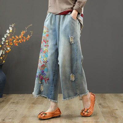 BABAKUD New Loose Retro Embroidery Denim Wide Leg Pants 2019 August New One Size Blue 