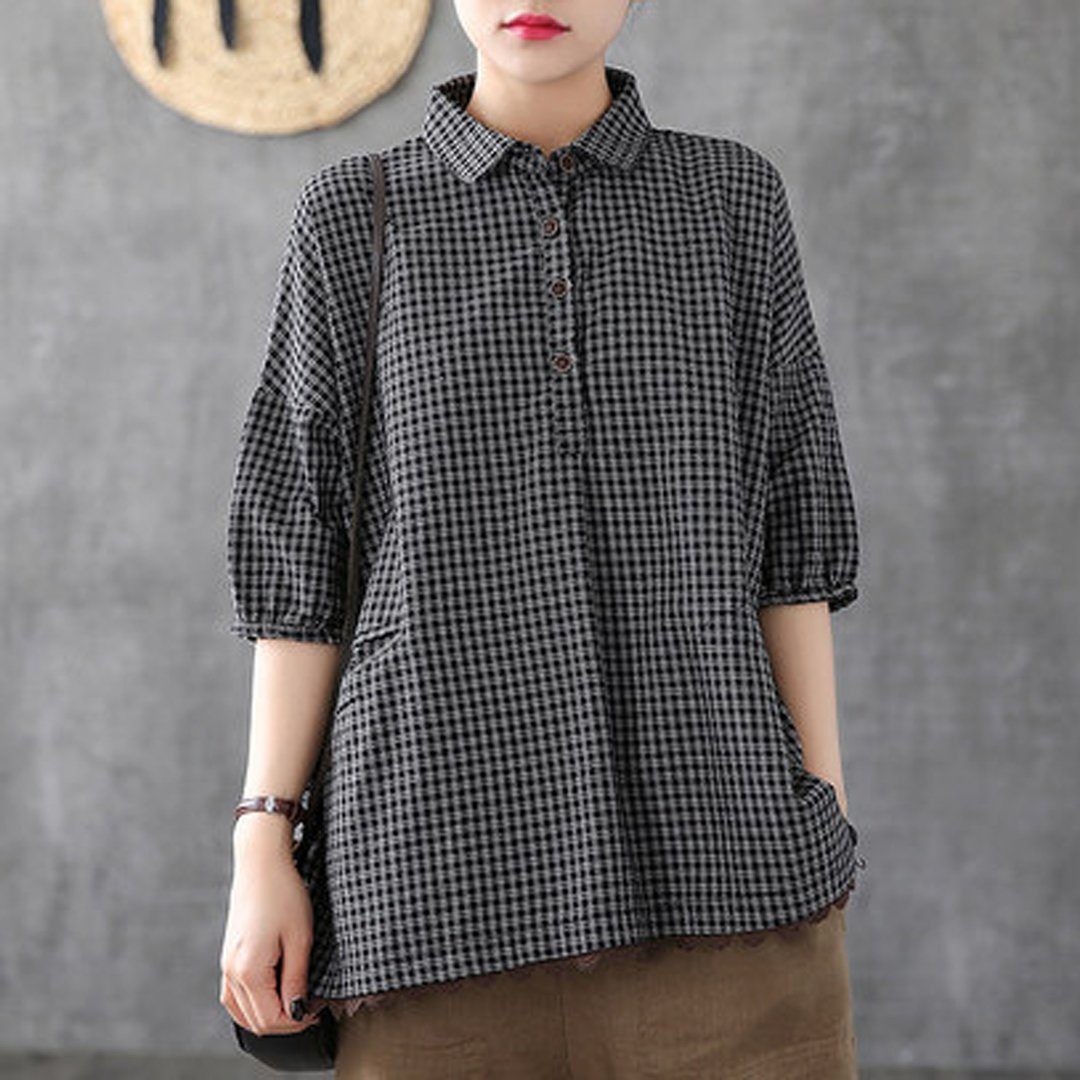 Babakud Plaid Button Pockets Casual Loose Shirt 2019 Jun New One Size Black 