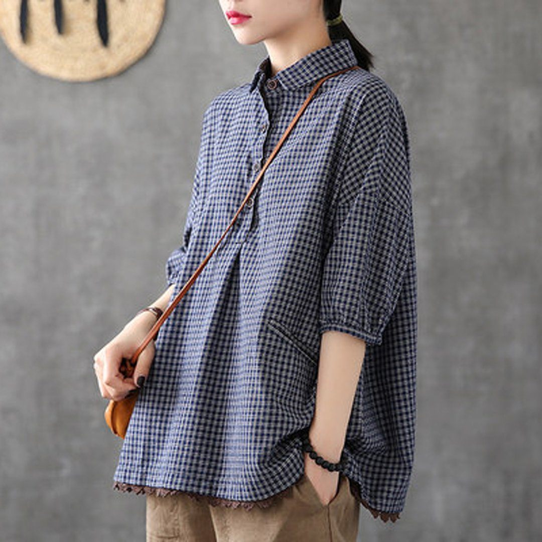 Babakud Plaid Button Pockets Casual Loose Shirt 2019 Jun New One Size Navy Blue 