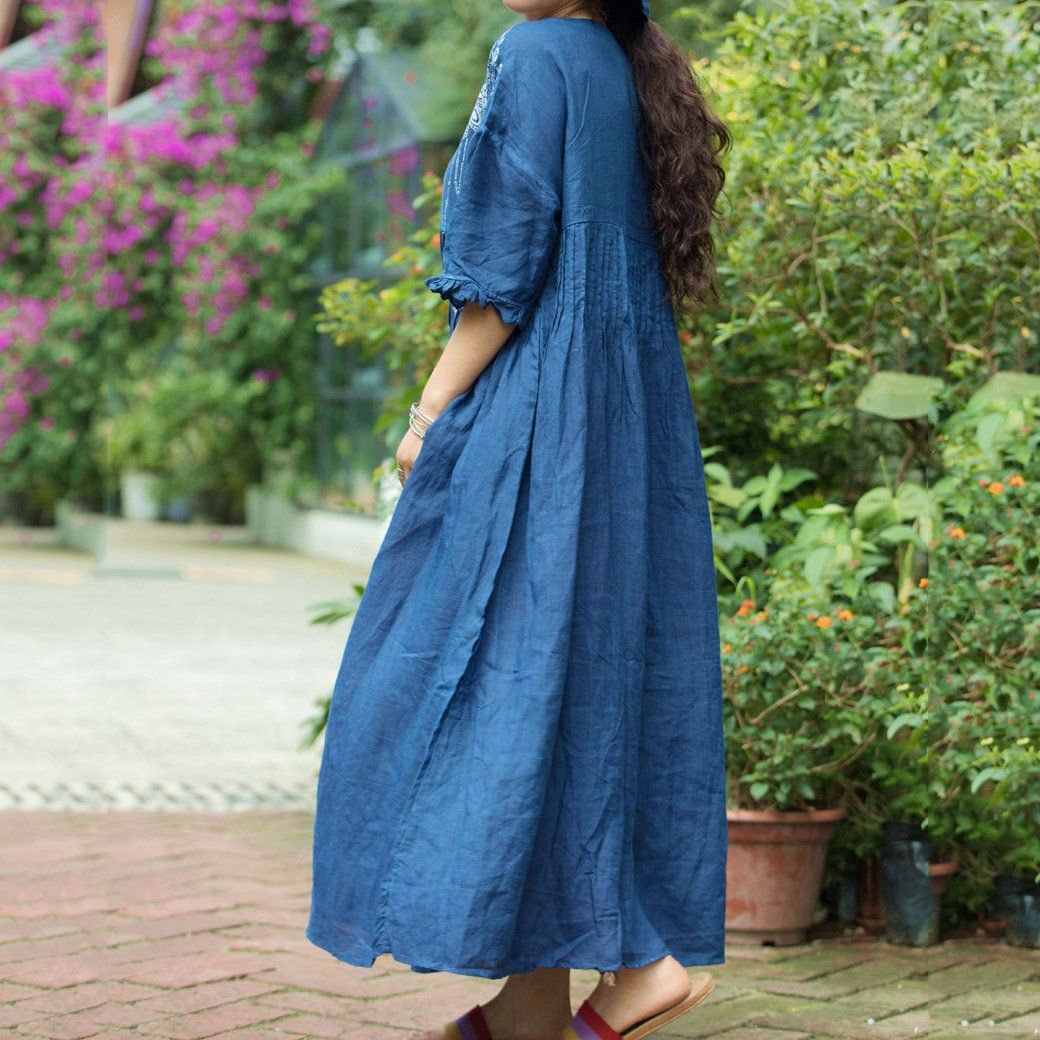 BABAKUD Plant Dyed Blue Batik Texture Cotton Linen Loose Handmade Dress