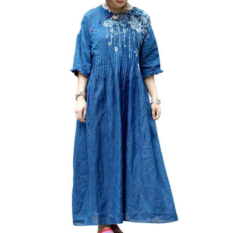 BABAKUD Plant Dyed Blue Batik Texture Cotton Linen Loose Handmade Dress