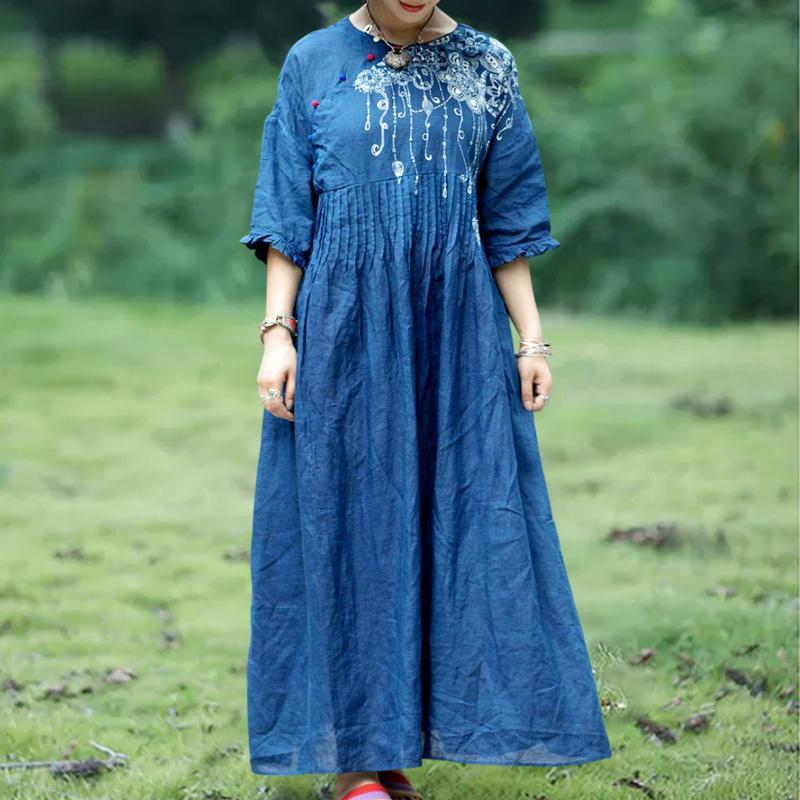 BABAKUD Plant Dyed Blue Batik Texture Cotton Linen Loose Handmade Dress 2019 August New One Size Blue 