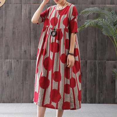 Babakud Polka Dot Printed Linen Loose Casual Short Sleeved Dress 2019 July New One Size Red 