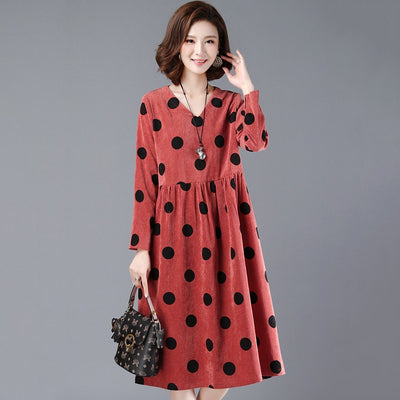 BABAKUD Polka Dots Casual Loose Gathered V-Neck Dress 2019 August New M Coral 