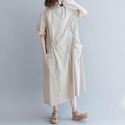 Babakud Polo Neck Button Front Drawstring Solid Dress 2019 July New One Size Khaki 