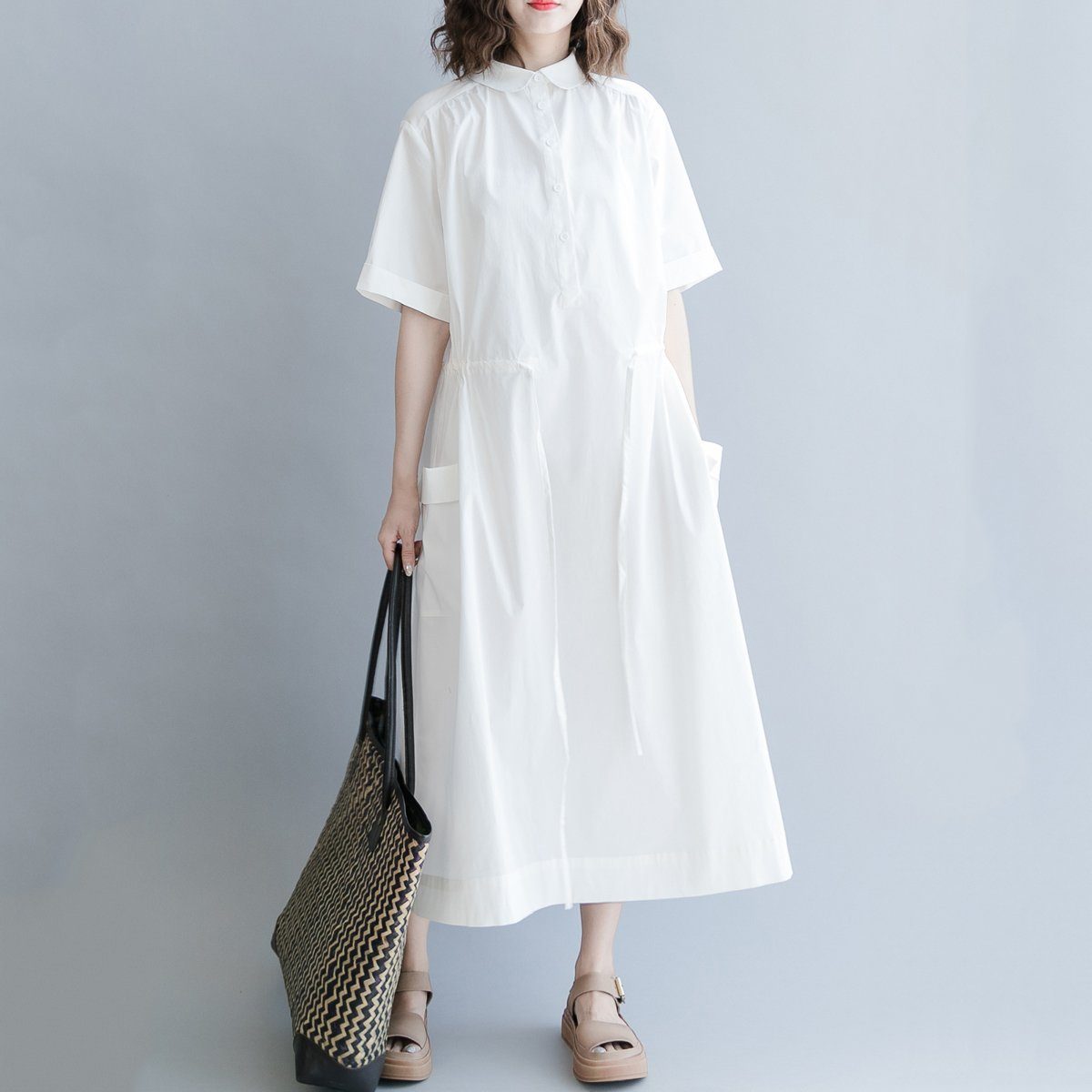 Babakud Polo Neck Button Front Drawstring Solid Dress 2019 July New One Size White 