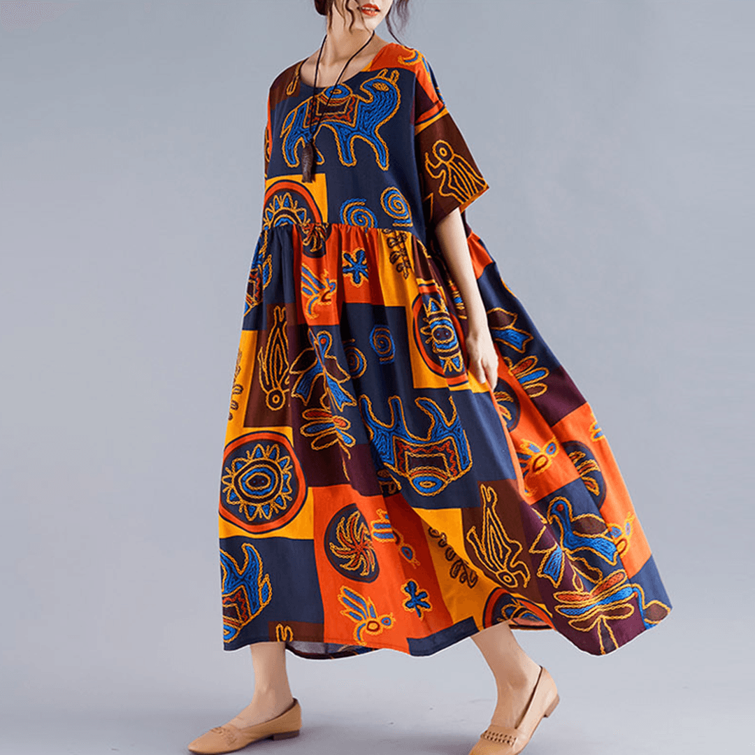 BABAKUD Printed Gathered Large Size Short Sleeve Dress 2019 August New 