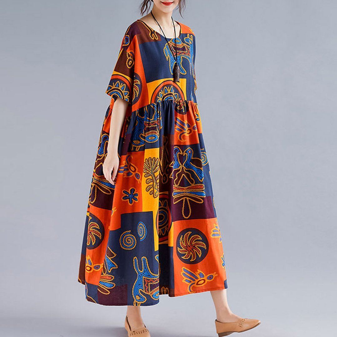 BABAKUD Printed Gathered Large Size Short Sleeve Dress