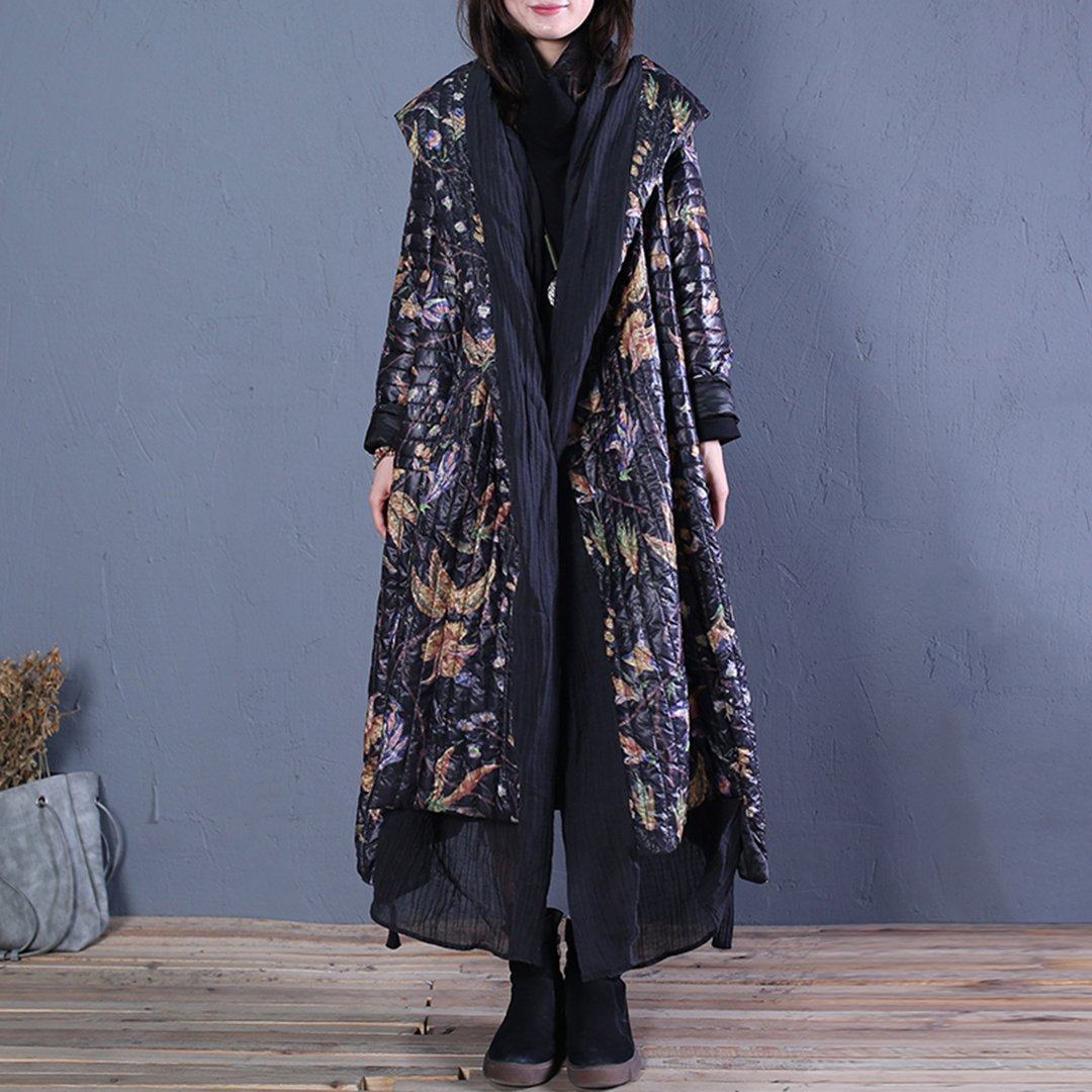 Babakud Printed Loose Scarf Paneled Design Hooded Winter Coat