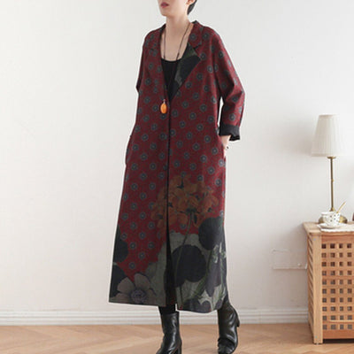 Babakud Printed Vintage Loose Casual Long Coat 2019 November New One Size Red 