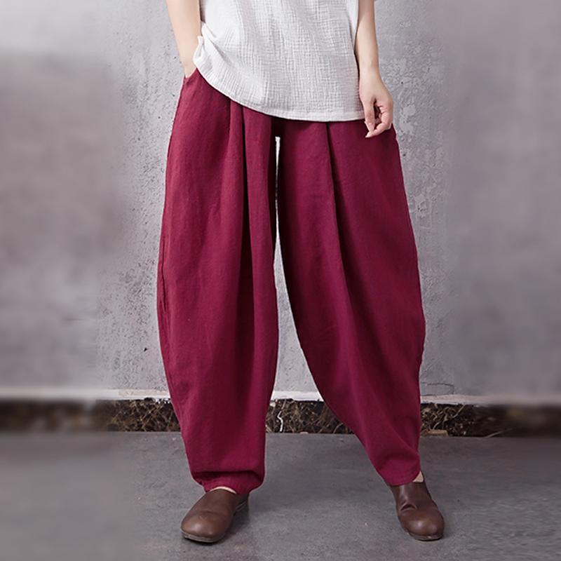 Babakud Ramie Linen Pockets Casual Loose Bloom Pants 2019 Jun New One Size Wine Red 