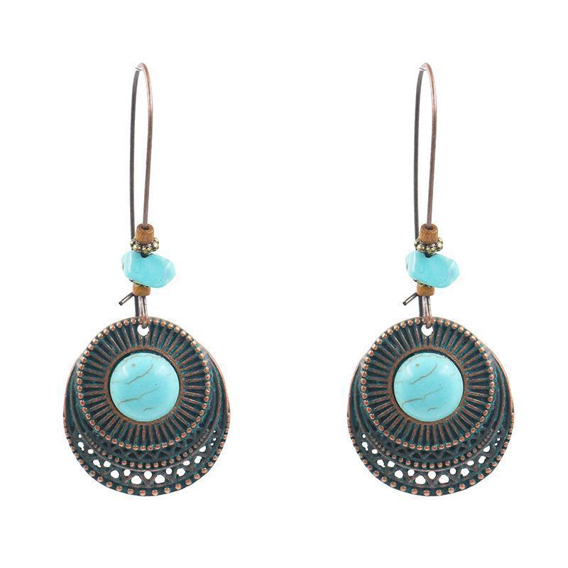 Babakud Retro Alloy Long Round Turquoise Earrings ACCESSORIES 