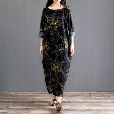 Babakud Retro Linen Printed Loose Long Sleeve Dress 