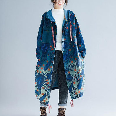 BABAKUD Retro Long Section Printing Loose Hooded Denim Windbreaker Coat 2019 August New One Size Deep Blue 