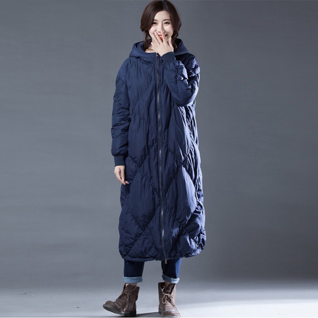 Babakud Rhombus Sewing Solid Hooded Winter Down Coat 2019 October New One Size Navy Blue 