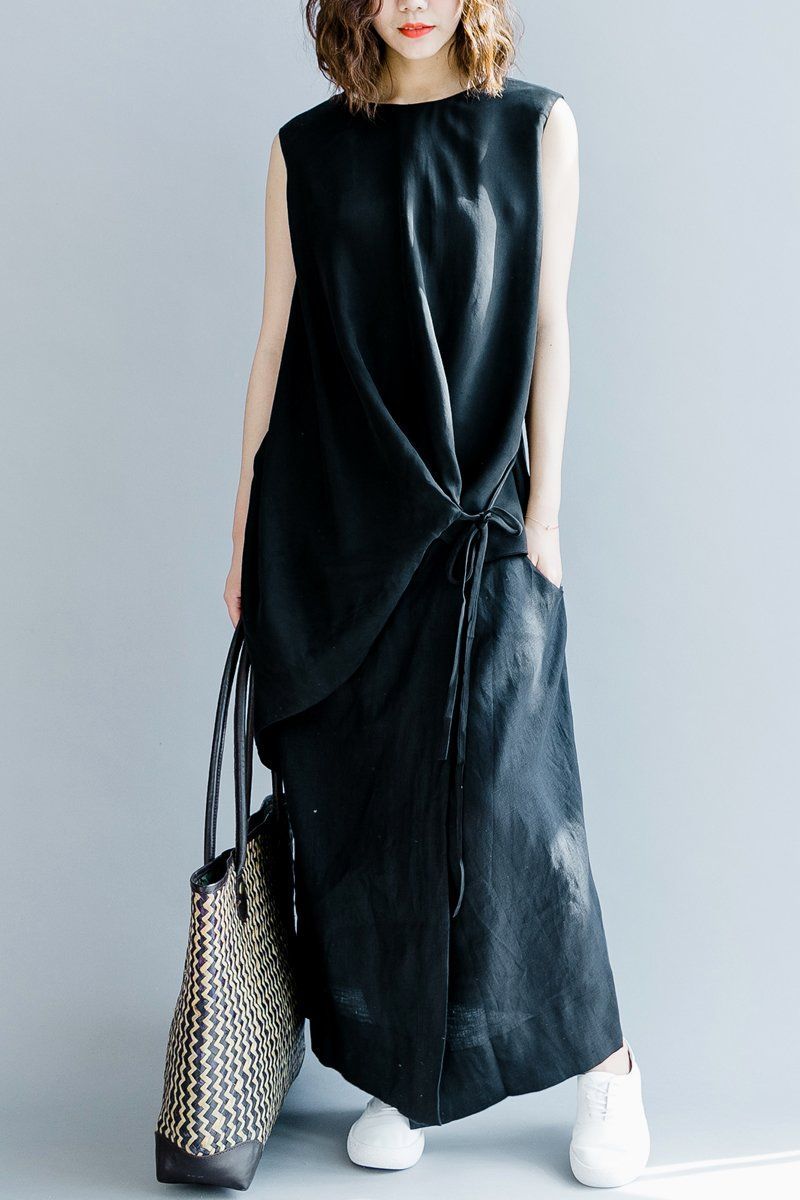 Babakud Side Strap Black Sleeveless Cotton Linen Art Design Dress