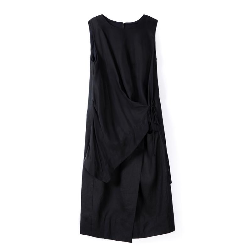 Babakud Side Strap Black Sleeveless Cotton Linen Art Design Dress