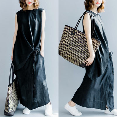 Babakud Side Strap Black Sleeveless Cotton Linen Art Design Dress 2019 April New One Size Black 