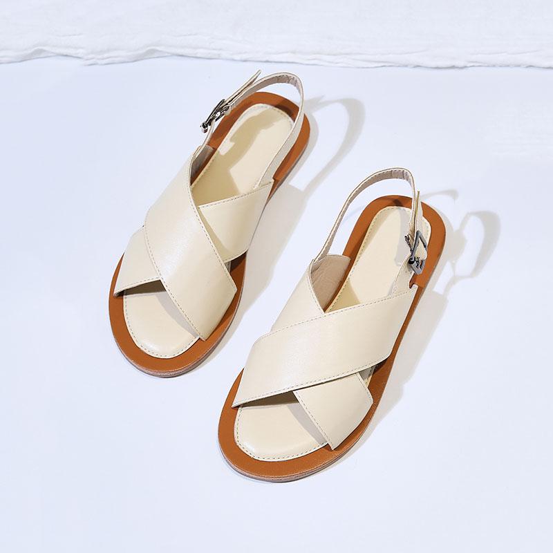 Babakud Simple Handmade Leather Casual Adjustable Buckle Sandals 2019 Jun New 35 Beige 