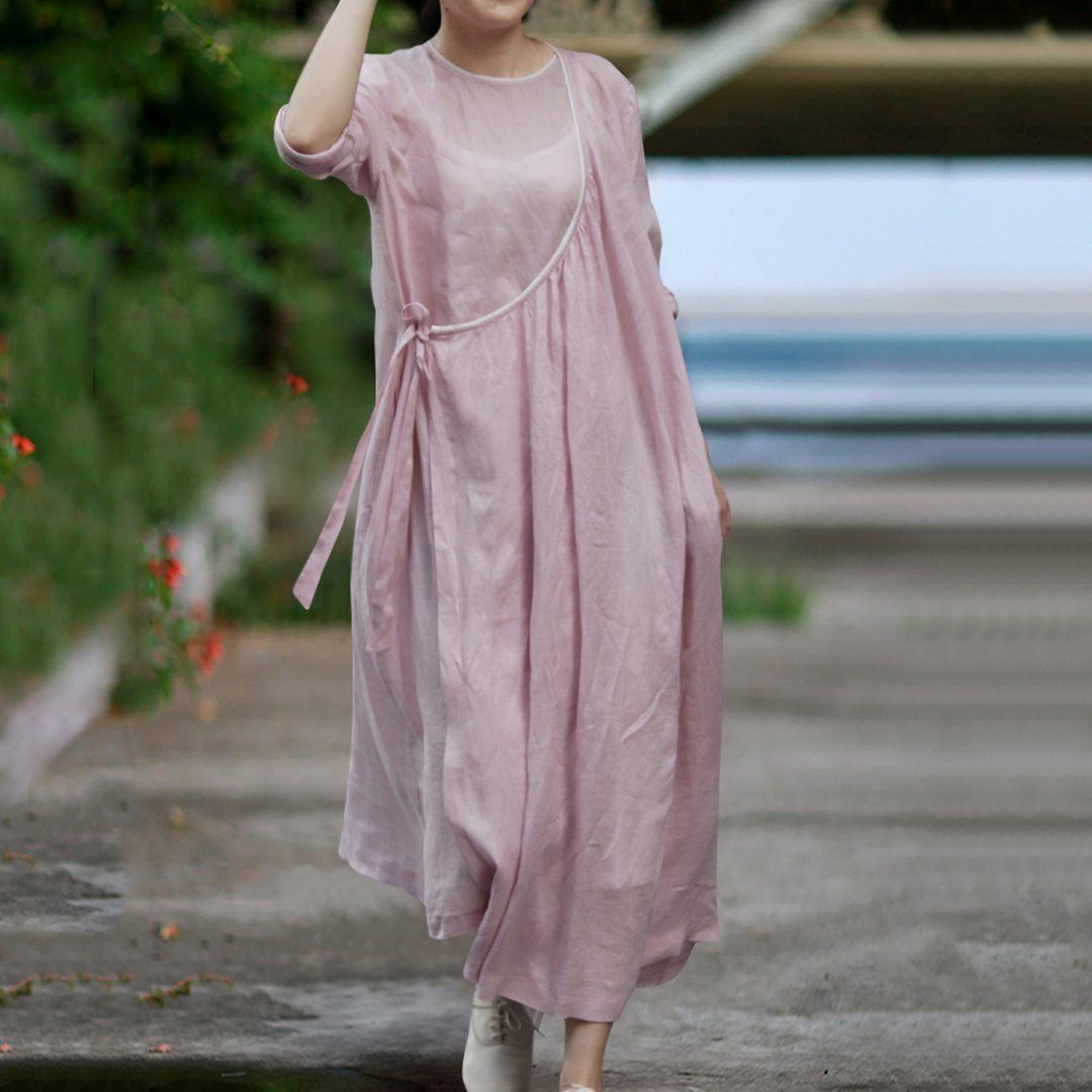 BABAKUD Solid Casual Linen Simple Breathable Long Sleeve Dress